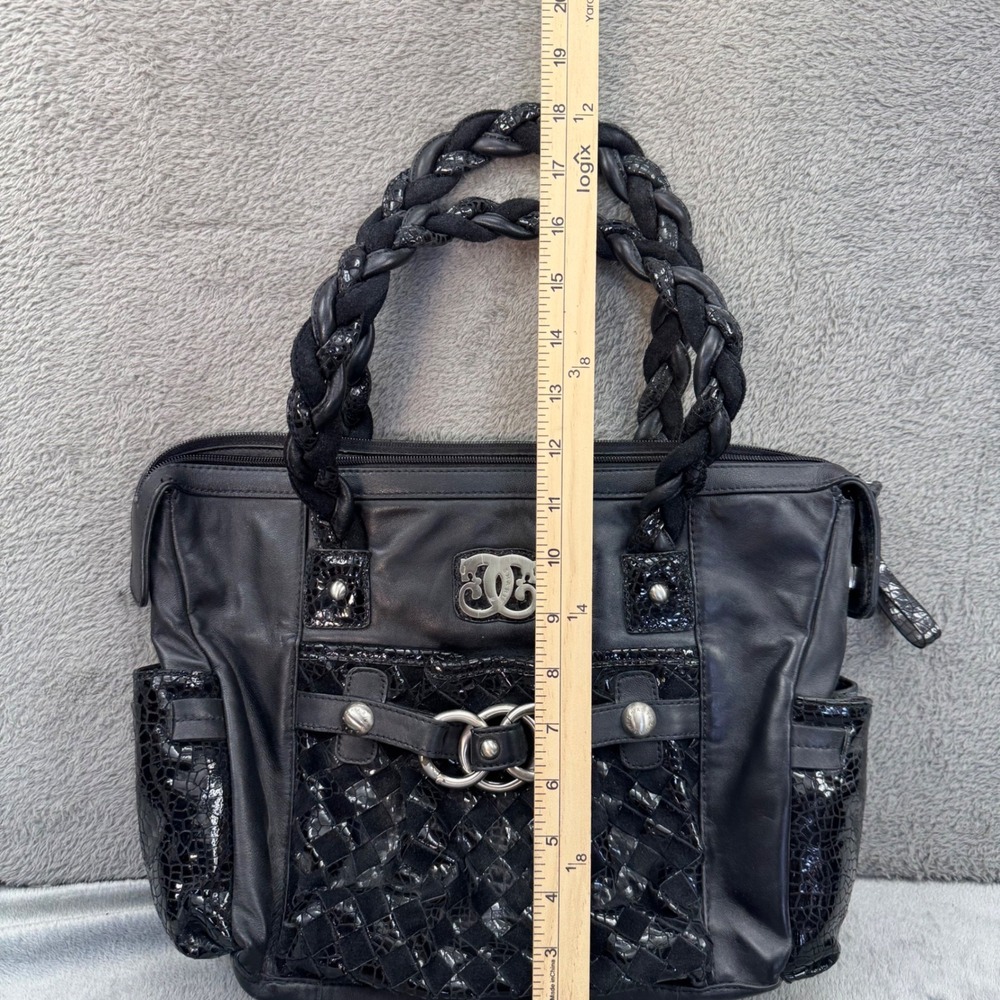 Sharif Leather Tote Bag Womens Medium Black Excellent Woven Croc Embossed Trim - Picture 4 of 13